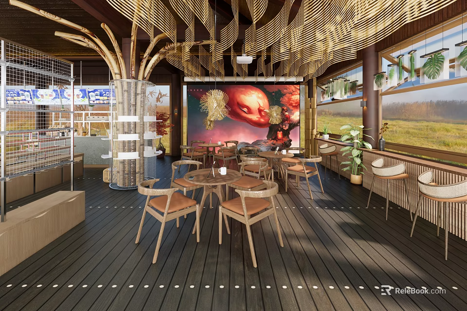 Modern Exhibition Hall Interior With Wooden Tables Chairs Decorative Paintings Hanging Lamps And Green Plants 3d model 