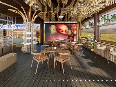Modern Exhibition Hall Interior With Wooden Tables Chairs Decorative Paintings Hanging Lamps And Green Plants 3d model
