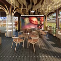Modern Exhibition Hall Interior With Wooden Tables Chairs Decorative Paintings Hanging Lamps And Green Plants