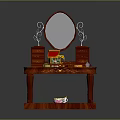 Classic Red Wooden Dressing Table With Oval Mirror Drawers And Decorative Items