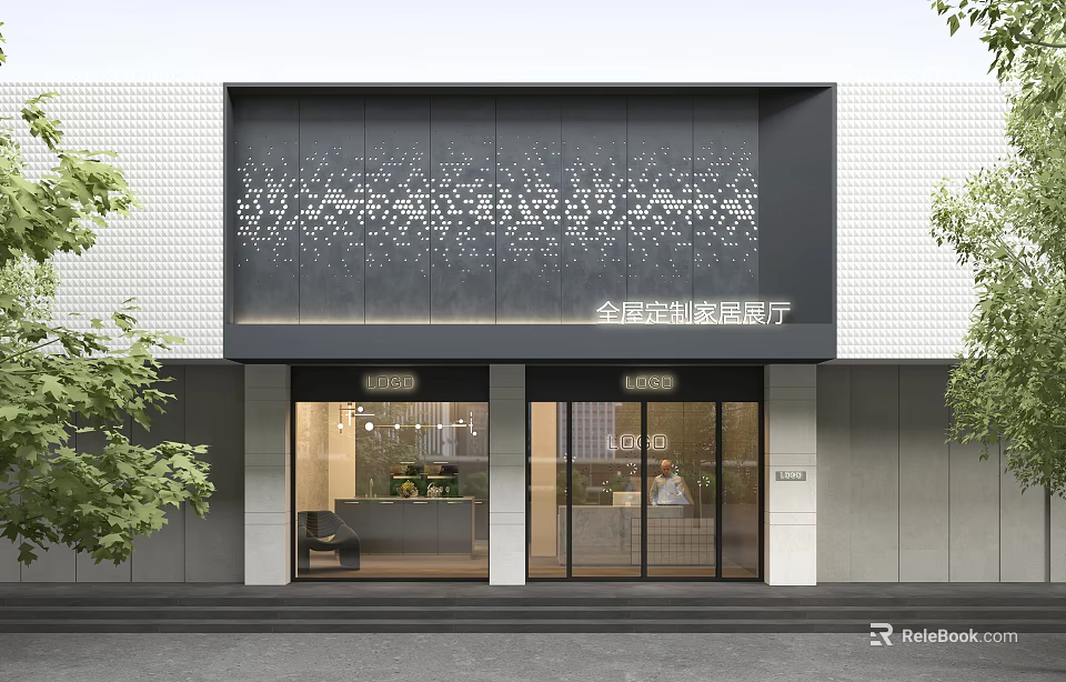Modern Home Customization Showroom Storefront With Black Facade White Patterns Glass Doors And Green Plants 3d model 