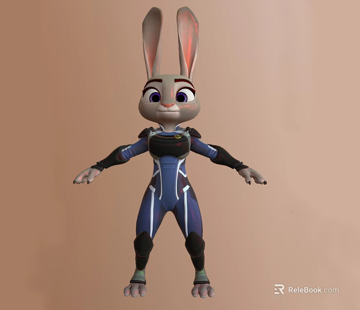 Rabbit Character Wearing Blue Uniform With Black Arm Guards In Standing Pose Outstretched Arms 3d model 