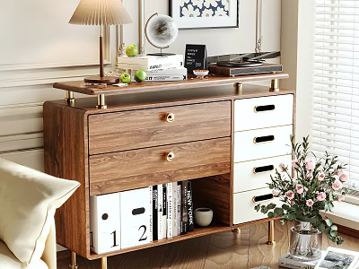 Modern Wooden Storage Cabinet with Drawers and Open Storage in Cozy Living Room 3d model
