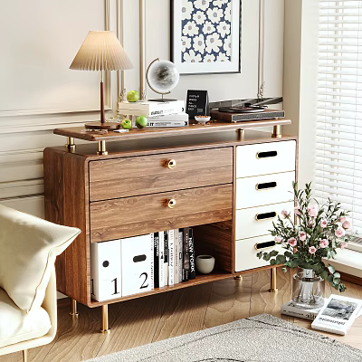 Modern Wooden Storage Cabinet with Drawers and Open Storage in Cozy Living Room 3d model