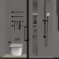 Modern Bathroom Interior With Toilet Shower Area Towel Rack Shelf Window And Patterned Wall