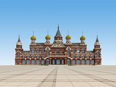 Historic Russian Architecture With Golden Domes Red Brick Facade And Plaza 3d model