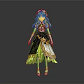 3D Model Anime Female Character With Long Golden Hair Flower Crown Black And Green Dress