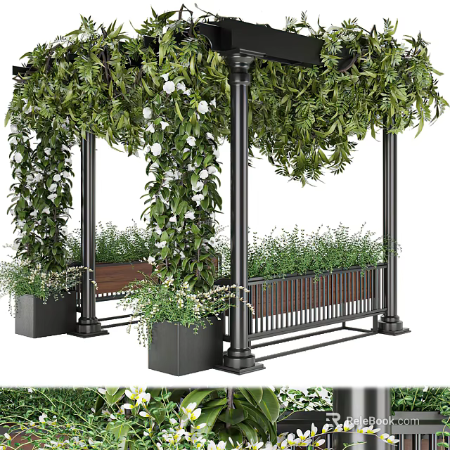 Bonsai Potted Plants in Garden Pavilion with Black Pillars Wooden Bench Green Vines White Flowers 3d model 