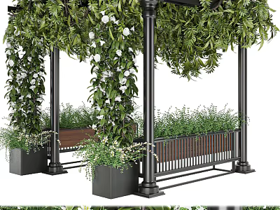 Bonsai Potted Plants in Garden Pavilion with Black Pillars Wooden Bench Green Vines White Flowers 3d model