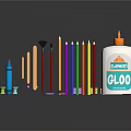 Assorted Colored Pencils Crayons with Glue Bottle Erasers and Stationery Supplies