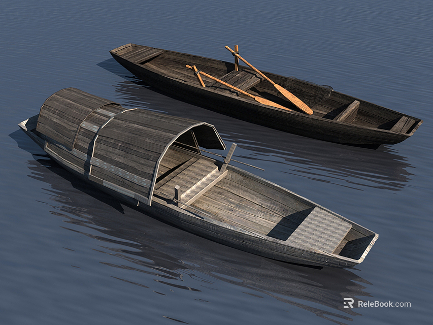 Two Traditional Wooden Boats Floating on Calm Water with Canopy and Oars 3d model 