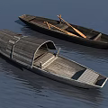 Two Traditional Wooden Boats Floating on Calm Water with Canopy and Oars