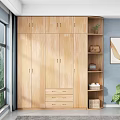 Modern Wooden Wardrobe With Multiple Doors Drawers Open Shelves Holding Plants Bag Books And Basket