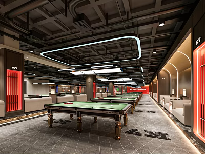 Modern Billiard Room Interior With Pool Tables And Stylish Ceiling Lighting 3d model