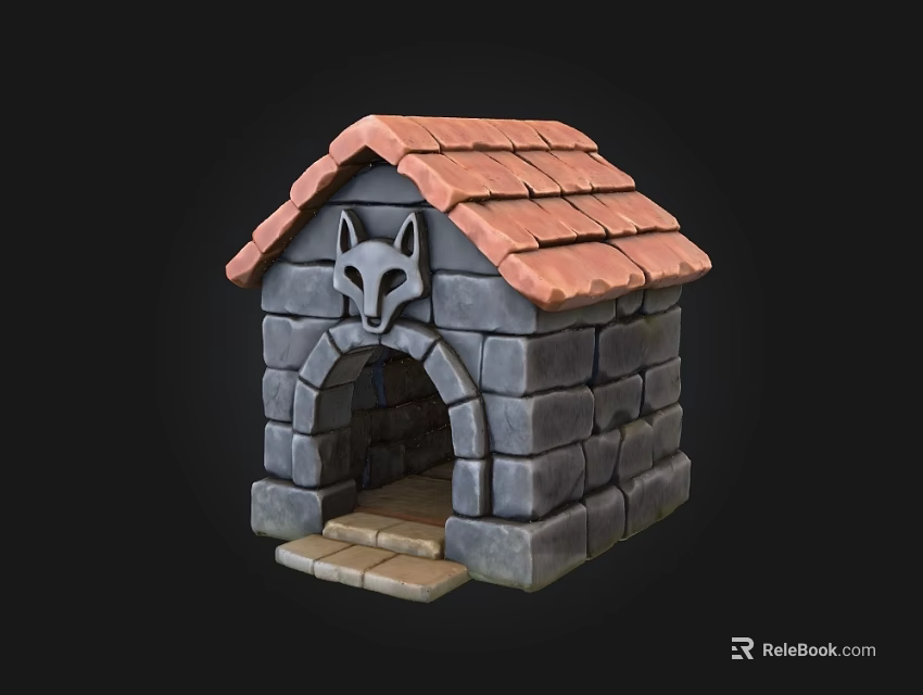 Stone Dog House With Red Tiled Roof And Fox Head Decoration 3d model 