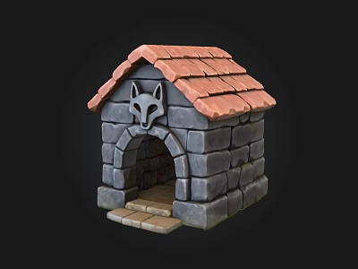 Stone Dog House With Red Tiled Roof And Fox Head Decoration 3d model