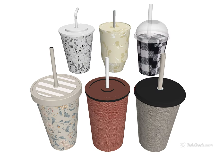 Assorted Disposable Drink Cups With Straws And Various Design Patterns 3d model 