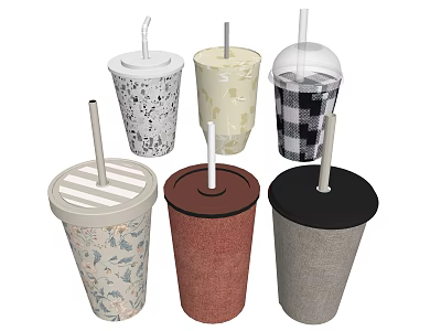 Assorted Disposable Drink Cups With Straws And Various Design Patterns 3d model