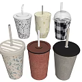Assorted Disposable Drink Cups With Straws And Various Design Patterns