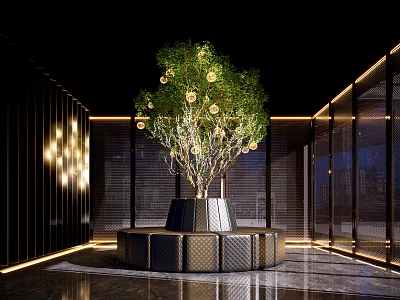 Public Chair in Modern Indoor Space with Central Decorative Tree Circular Metal and Leather Design 3d model