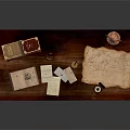 Vintage Wooden Desk with Drawers Old Books Papers Inkwell and Copper Lantern