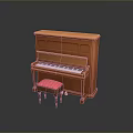 Brown Wooden Upright Piano With Pink Stool And Classic Design Features