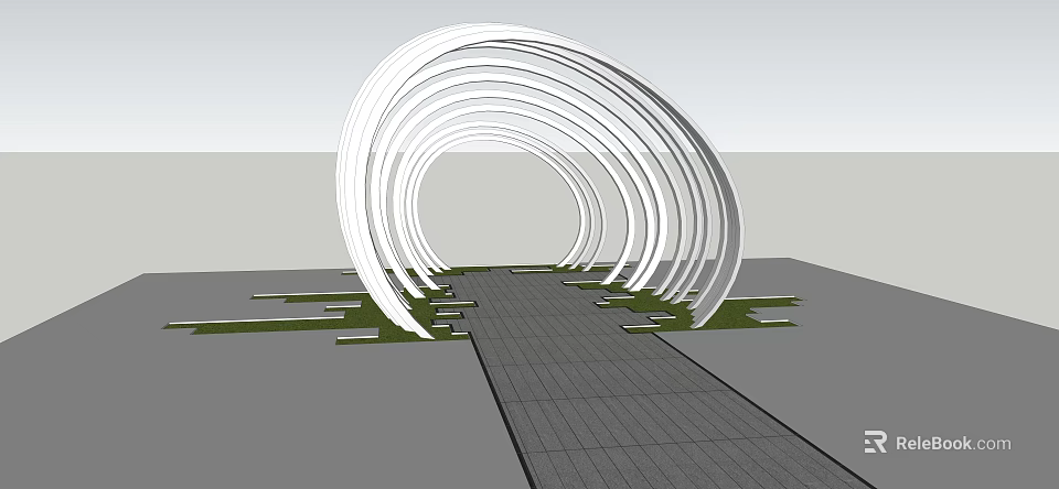 Outdoor Modern Pergola Design Featuring White Curved Structures Stone Paved Walkway 3d model 
