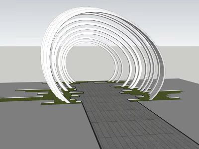 Outdoor Modern Pergola Design Featuring White Curved Structures Stone Paved Walkway 3d model