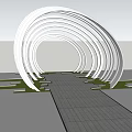 Outdoor Modern Pergola Design Featuring White Curved Structures Stone Paved Walkway