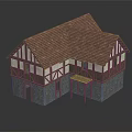 Medieval Style Timber Frame House Model With Red Tiled Roof Stone Walls And Wooden Windows