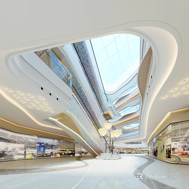 Modern Shopping Mall Atrium With Glass Skylight Multi Level Curved Design And Lighting 3d model 