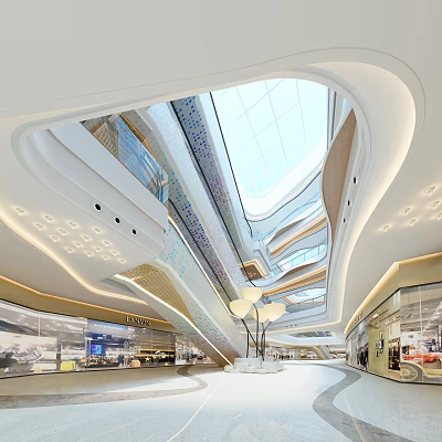 Modern Shopping Mall Atrium With Glass Skylight Multi Level Curved Design And Lighting 3d model