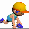 Man in Yellow Cap Blue Tank Top Black Shorts and Purple Sneakers in Crouching Position