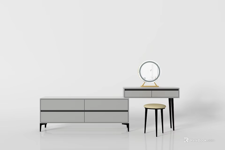 Modern Minimalist Dressing Table with Gray Cabinet Round Mirror and Stool 3d model