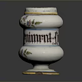 Floral Sculpture Carving on White Vase with Blue and Yellow Edges and Black Lettering Himput-F