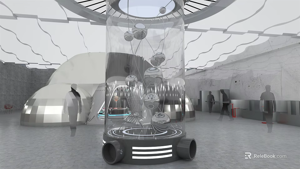 Futuristic Transparent Cylindrical Structure With Suspended Spheres People And Curved Buildings 3d model 