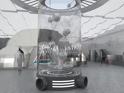 Futuristic Transparent Cylindrical Structure With Suspended Spheres People And Curved Buildings 3d model