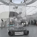 Futuristic Transparent Cylindrical Structure With Suspended Spheres People And Curved Buildings