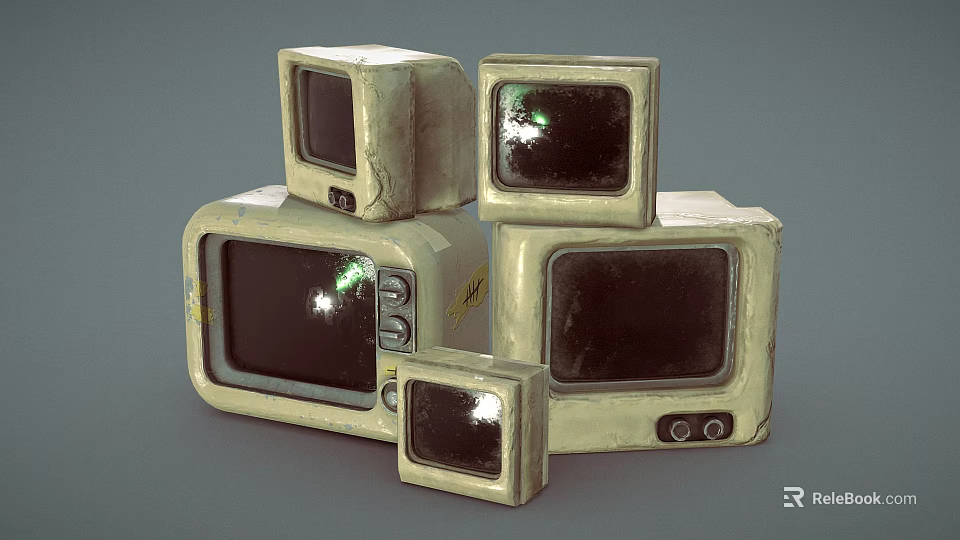 Vintage Old Televisions Stacked In Various Sizes With Aged Appearance 3d model 