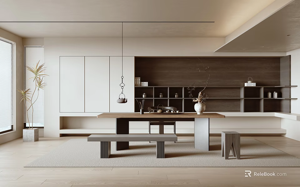 Modern Minimalist Tea Room Interior Design With Wooden Long Table Storage Cabinets And Plants 3d model 
