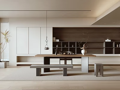Modern Minimalist Tea Room Interior Design With Wooden Long Table Storage Cabinets And Plants 3d model