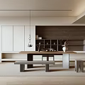 Modern Minimalist Tea Room Interior Design With Wooden Long Table Storage Cabinets And Plants