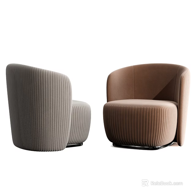 Modern Single Sofa in Gray and Brown Ribbed Fabric with Curved Design 3d model 