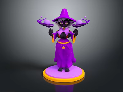 Magical Witch Creature In Purple Robe With Star Hat Holding Orbs On Yellow Base 3d model