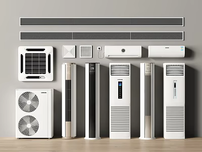Various Types of Air Conditioners and Fans Including Wall and Floor Models 3d model