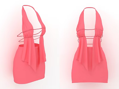 Pink Halter Neck Dress with Back Crisscross Straps and Flowy Fabric Details 3d model