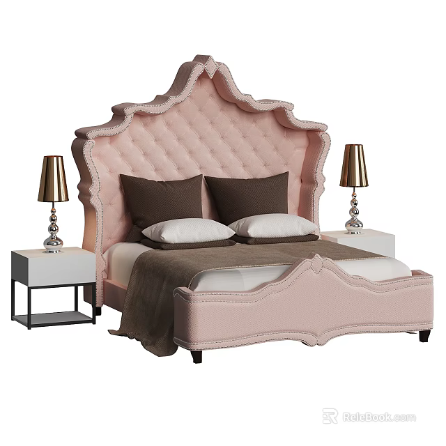 Elegant Pink Tufted Double Bed with Brown White Pillows Blanket and Bedside Table Lamps 3d model 