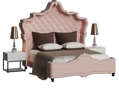 Elegant Pink Tufted Double Bed with Brown White Pillows Blanket and Bedside Table Lamps 3d model