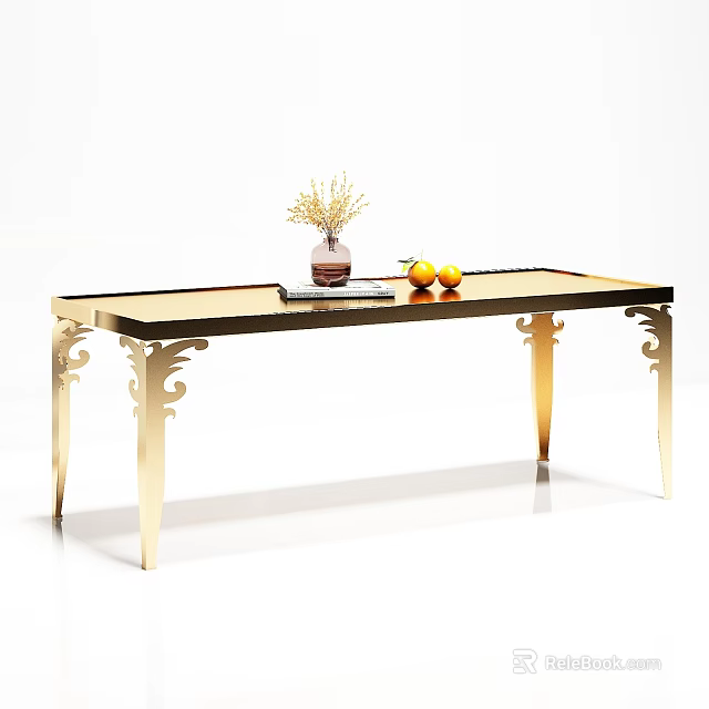 Elegant Dining Table With Golden Carved Legs And Vase Of Dried Flowers Oranges And Book 3d model 