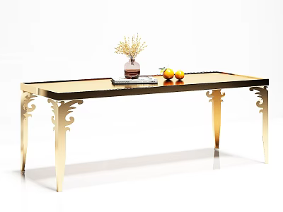 Elegant Dining Table With Golden Carved Legs And Vase Of Dried Flowers Oranges And Book 3d model
